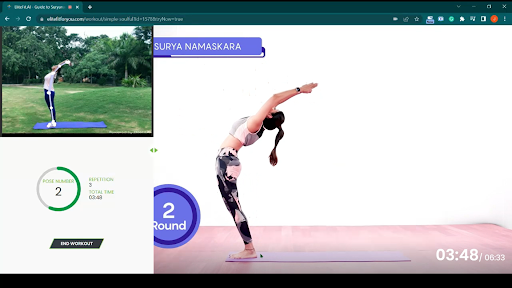 IMDA Spark Programme: Screenshot of Simple Soulful yoga app with EliteFit.AI integration, showing an accuracy score during the workout