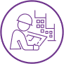 Sector-specific Industry Digital Plans: Construction and facilities management sector icon with a construction worker studying blueprints