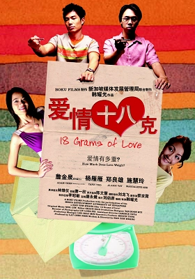 Colorful film poster for "18 Grams of Love" featuring four characters and a weighing scale, exploring the question of love's weight.