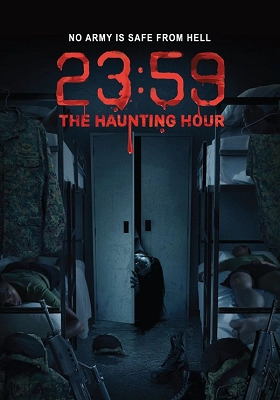 Film poster for "23:59 The Haunting Hour" featuring a dark hallway with an ominous figure and red dripping text.