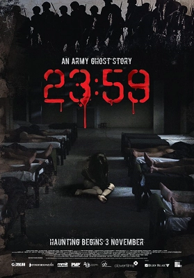 Film poster for "23:59", a Singaporean army ghost story, showing silhouettes of soldiers and eerie red numbers against a dark background.