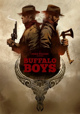 Official film poster for Buffalo Boys, featuring two armed men in cowboy hats standing back-to-back with a stylized buffalo head design below.