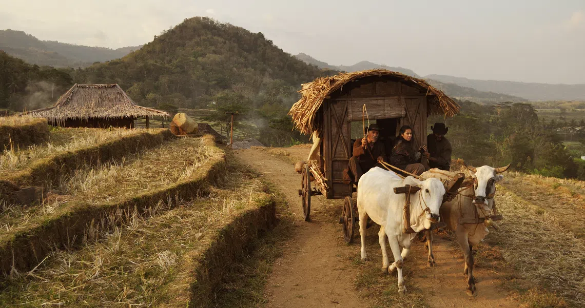 A scene from Buffalo Boys film showing a cart pulled by white oxen on a rural path, with thatched huts and mountains in the background.