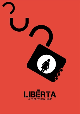 Film poster for Liberta by Kan Lume featuring a stylized open lock with a female silhouette on a red background.