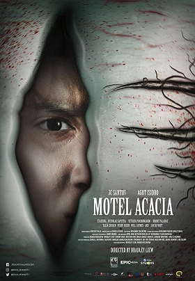 Official film poster for Motel Acacia, showing a face peering through a torn surface with blood splatters and eerie branches in the background.