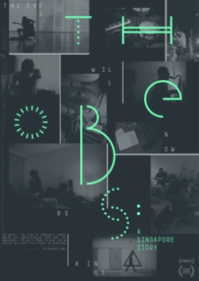 Film poster for "The Obs: A Singapore Story" featuring a collage of monochrome images with green neon-like text and symbols overlaid.