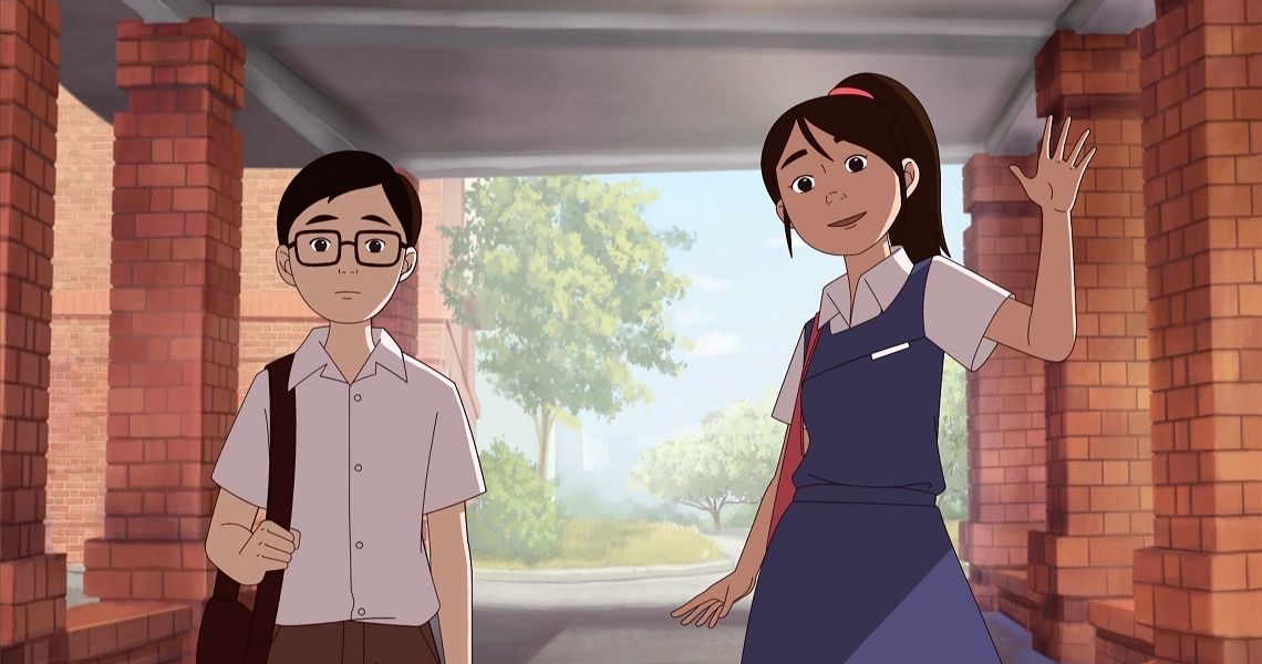 A film still from Timescapes showing two animated characters, a boy and a girl, standing in a school hallway with brick walls and a window.