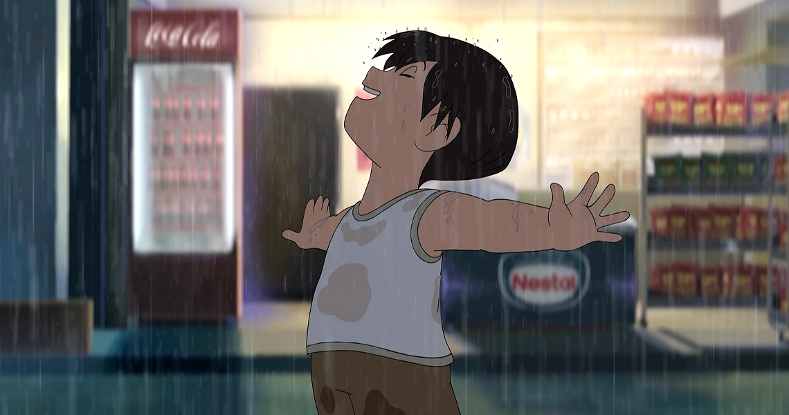 A still from the film Timescapes shows an animated child with arms outstretched, standing in front of a convenience store display.