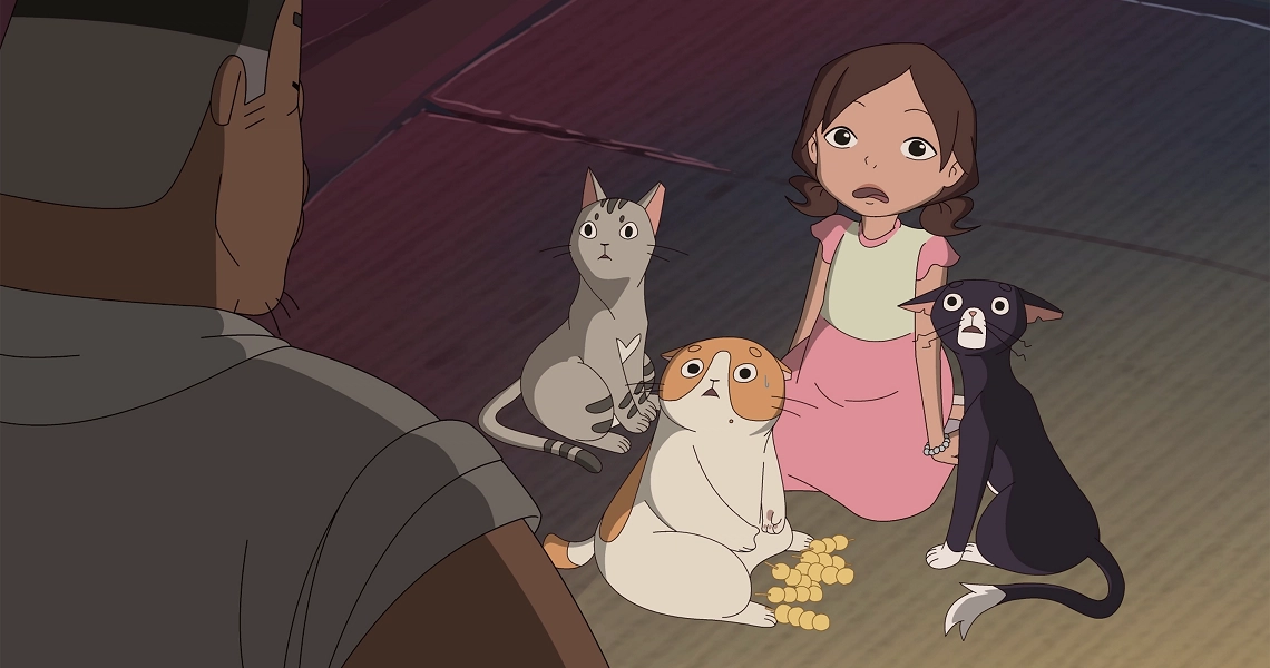 A still from the film Timescapes showing an animated girl in a pink dress surrounded by three cats of different colors.