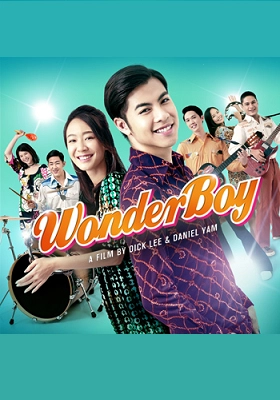 Official film poster for Wonder Boy, featuring a vibrant cast against a teal background with musical instruments.