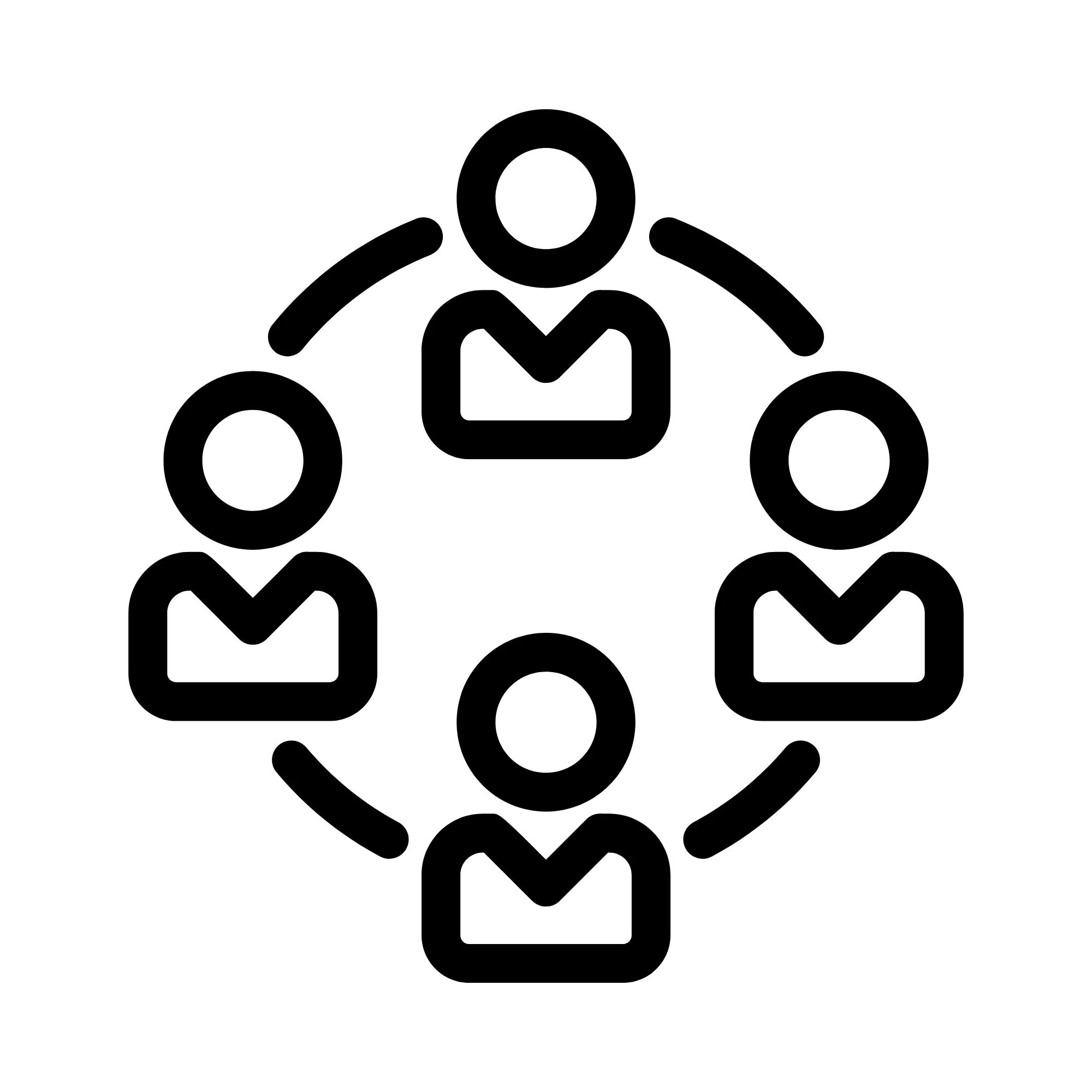 An icon representing Engagement with Senior Leaders, featuring a circle of interconnected human figures, part of IMDA’s AIM Programme