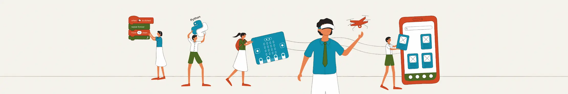 The illustration features five students engaged in diverse coding-related activities, symbolising the core of computational thinking.   Their involvement in activities like using VR goggles and flying a drone highlights the availability of various programs.   Reinforcing the concept of skill development through coding education.