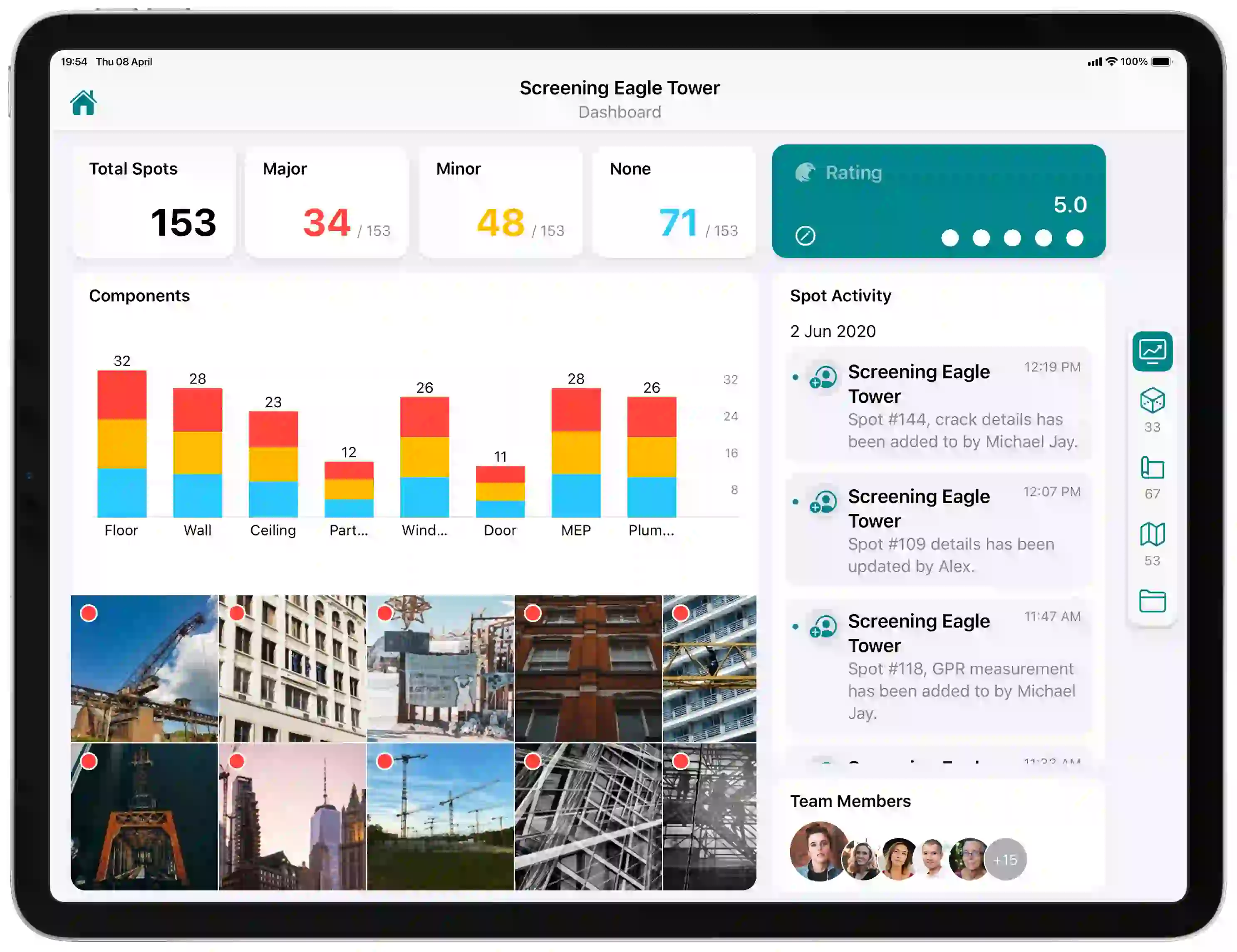 IMDA Accredited company: Dashboard view of Screening Eagle Tower, a platform for managing and analysing asset inspection and monitoring data