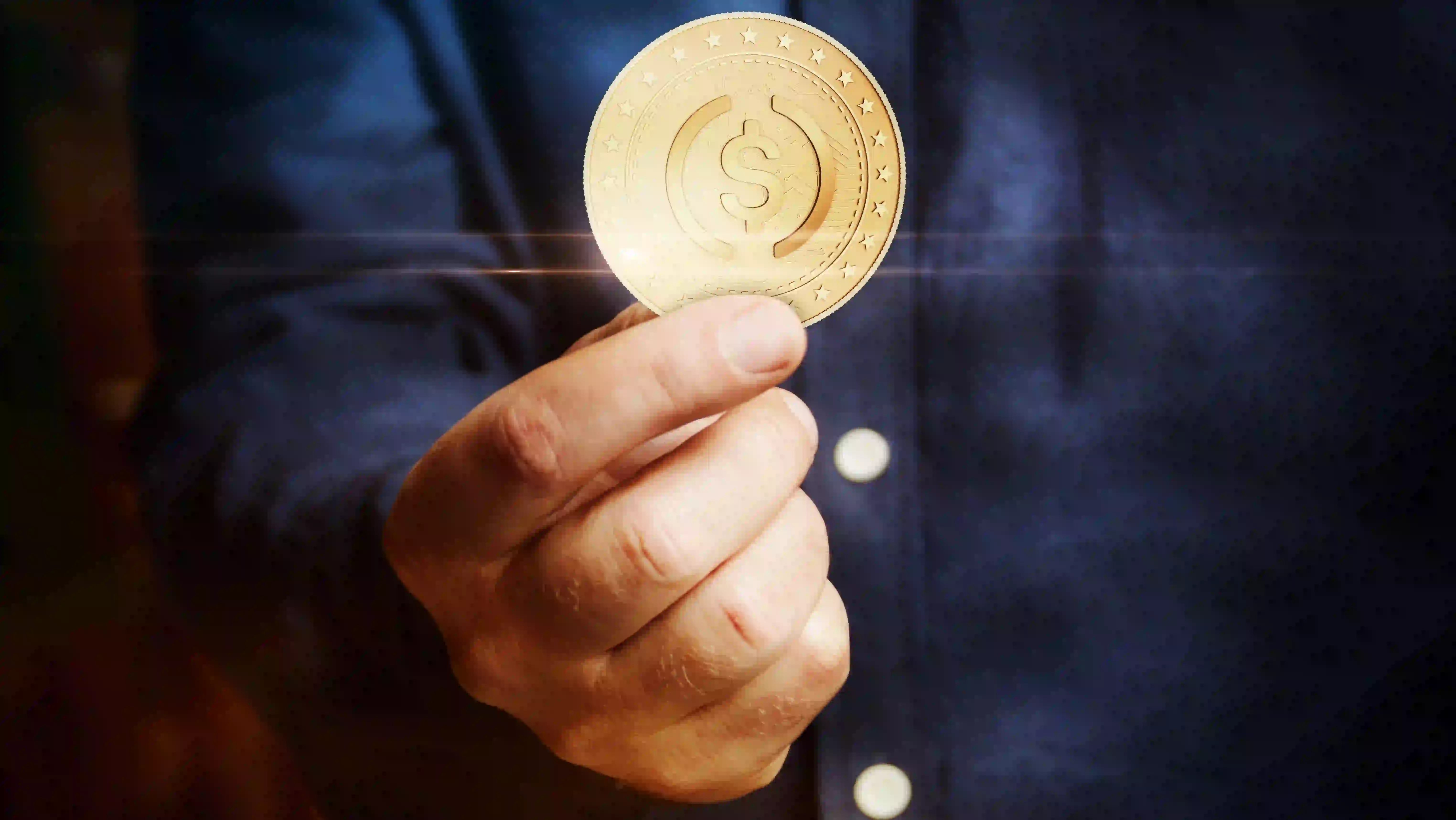 A hand holding a gold coin
