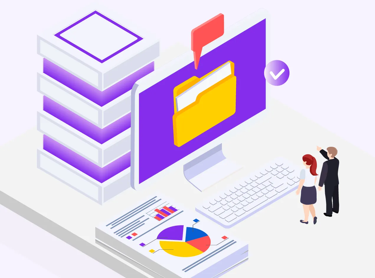 A graphic of employees discussing HR planning surrounded by documents and desktop elements, part of the BDDB programme to boost retention