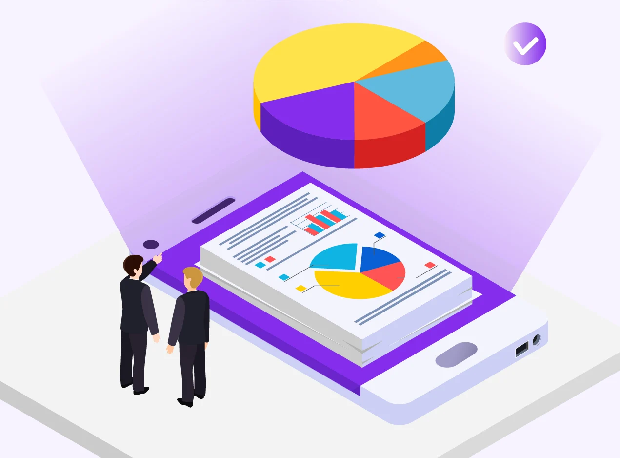 A graphic of two businessmen standing beside a smartphone displaying documents and charts, part of the BDDB programme to acquire new users